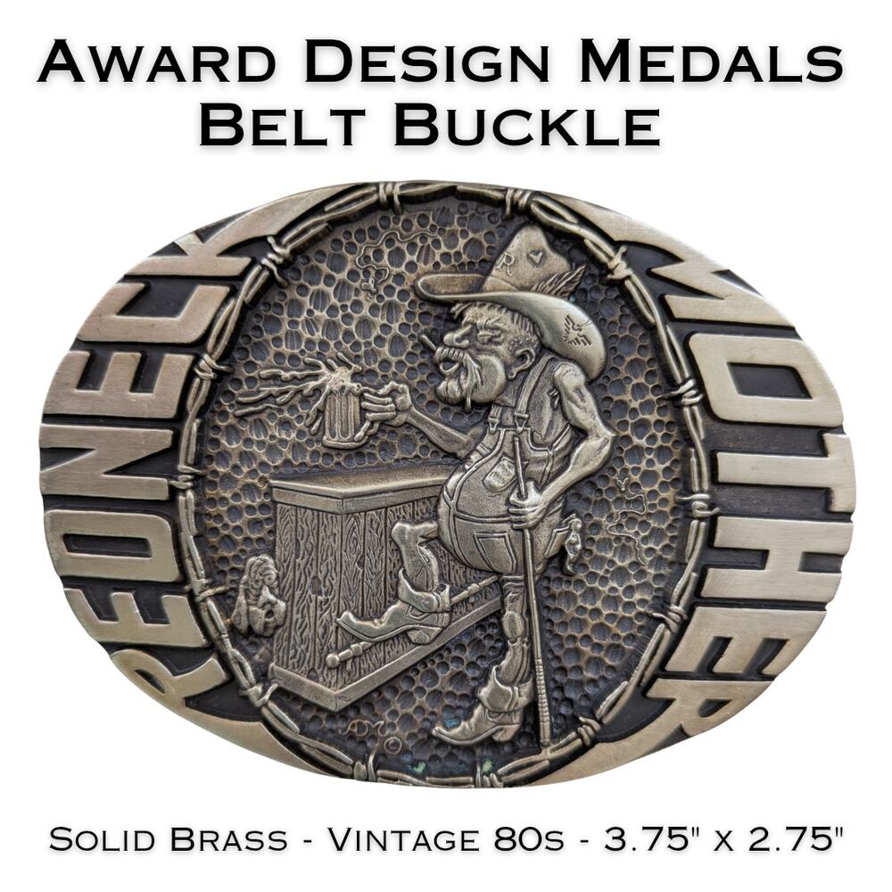 Vintage Redneck Mother Belt Buckle Solid Brass 80s Cowboy Award Design Medals
